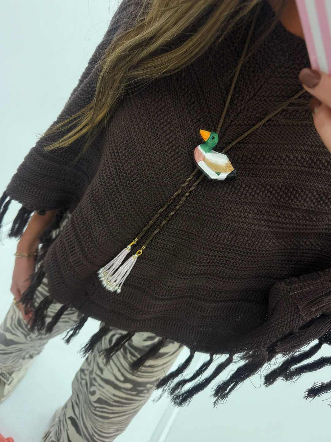 The Southern Belle Mallard Necklace (Pink Pearl Tassels)