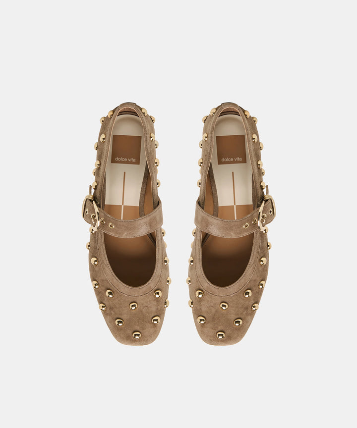 Mikel Stud Ballet Flats Olive Suede
