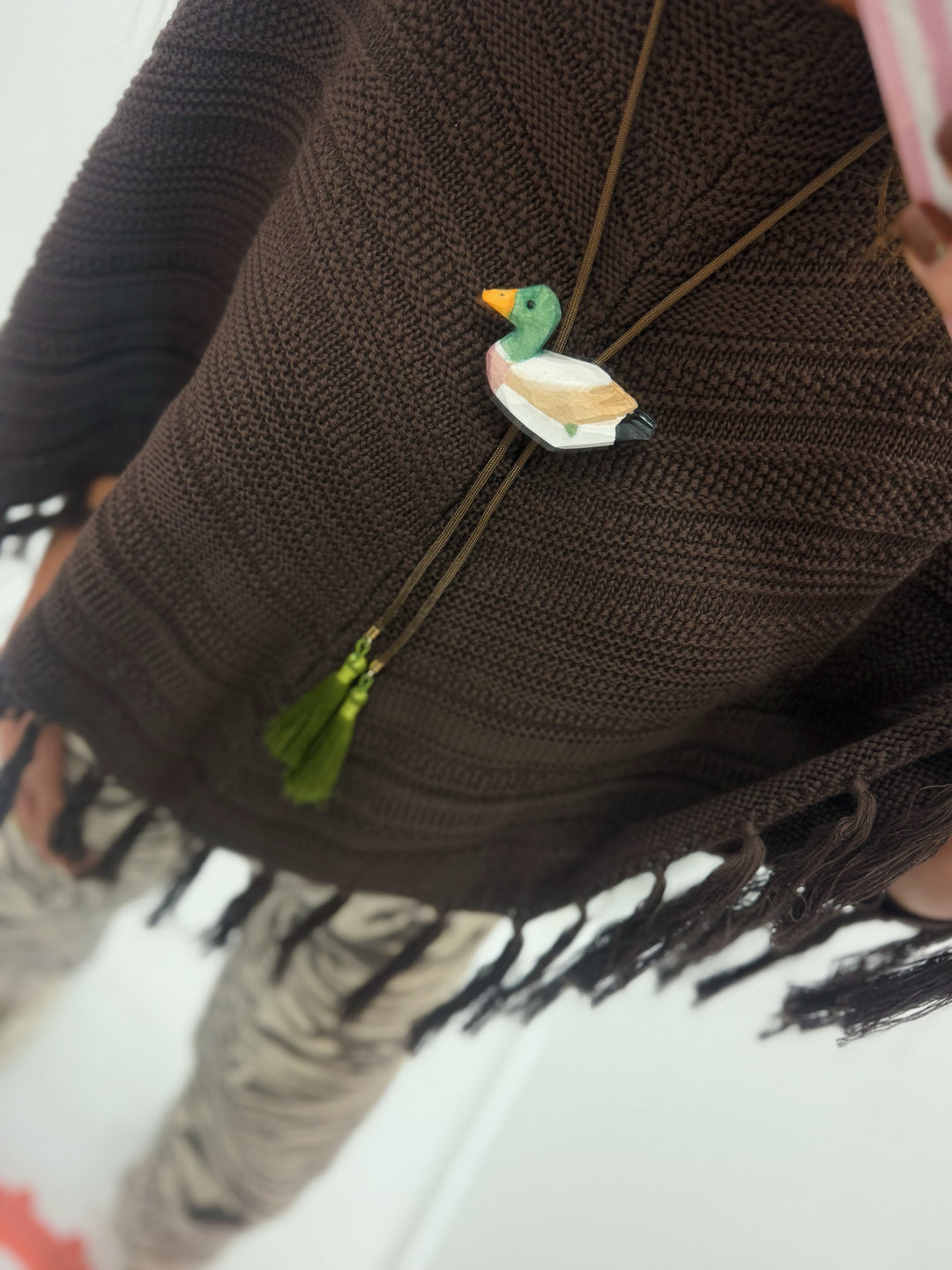 The Lucky Duck Necklace (Green Tassels)