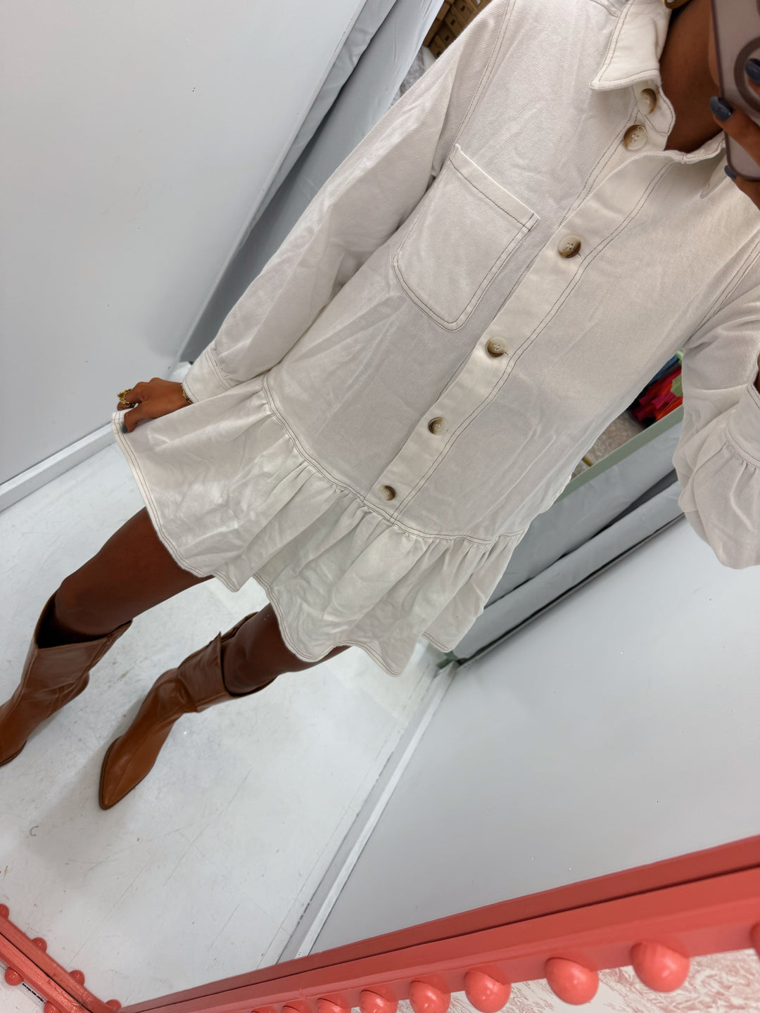 White denim long sleeve dress