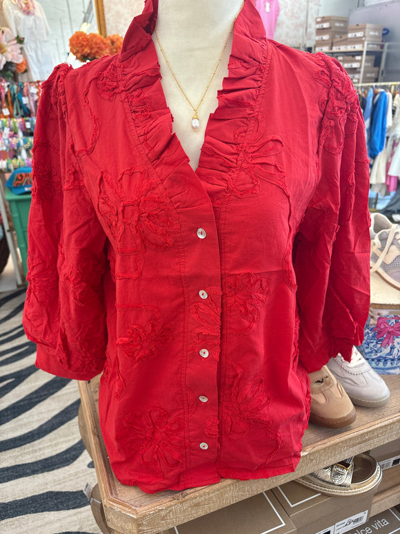 Red Flower Embroidered Top