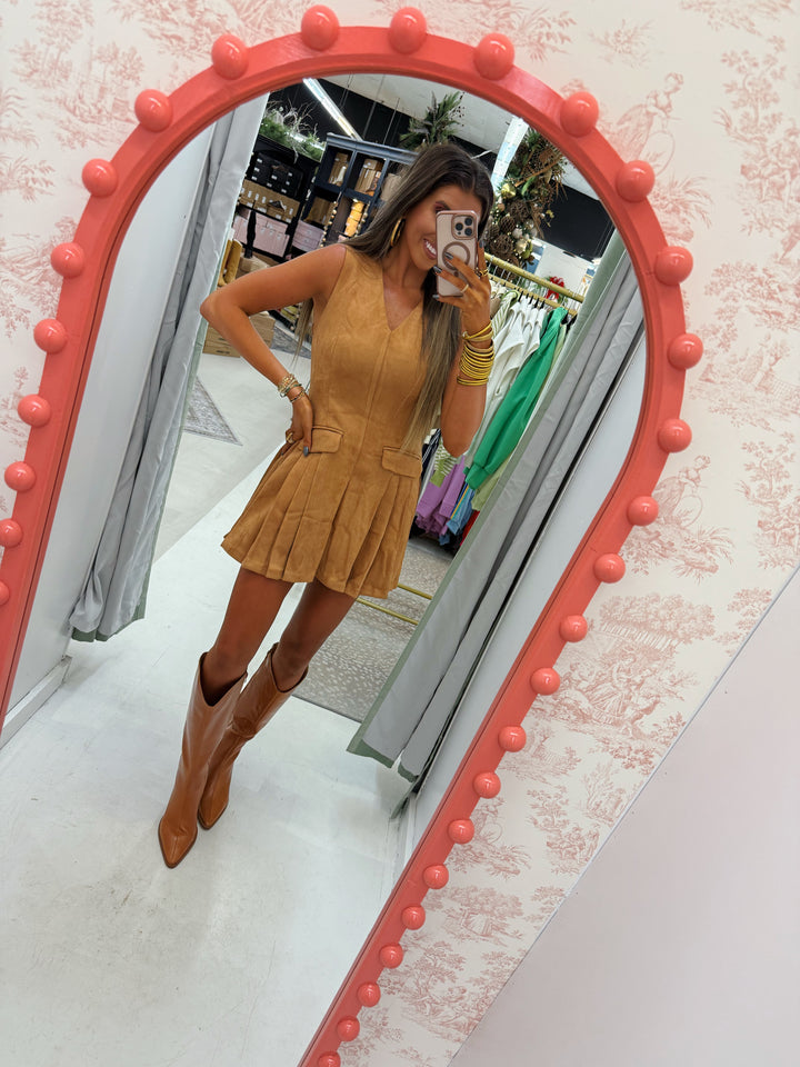 Camel Suede Dress with Pleated Skirt