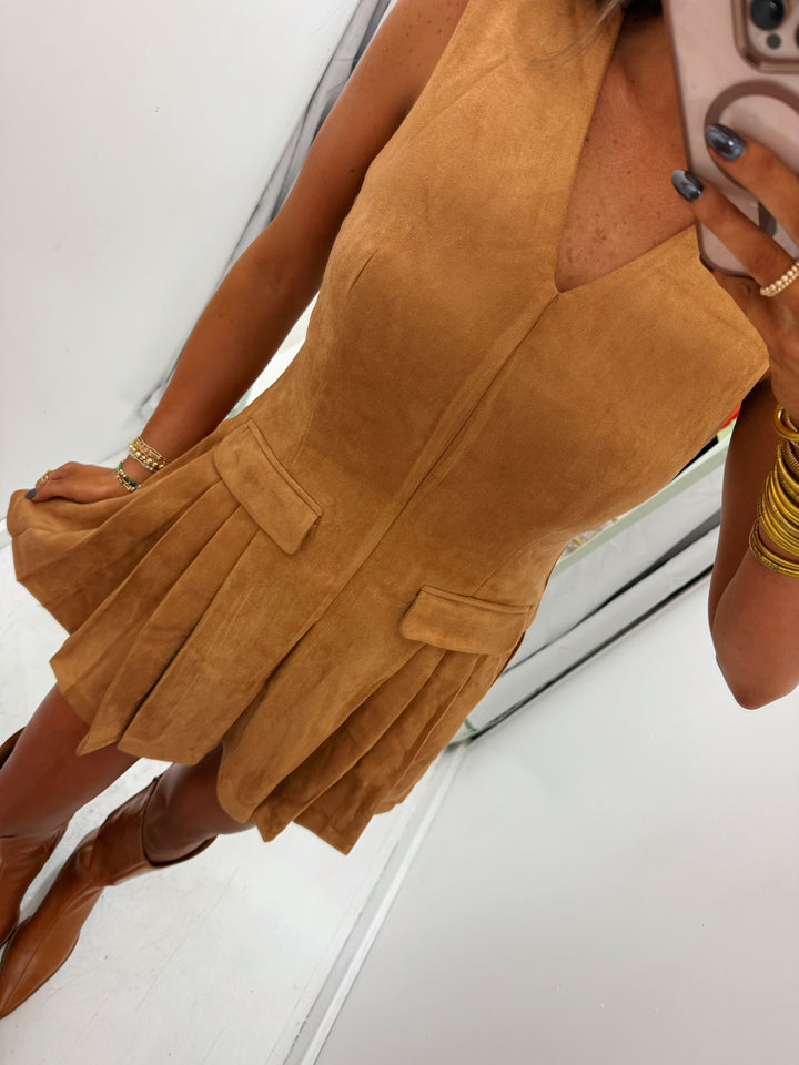 Camel Suede Dress with Pleated Skirt
